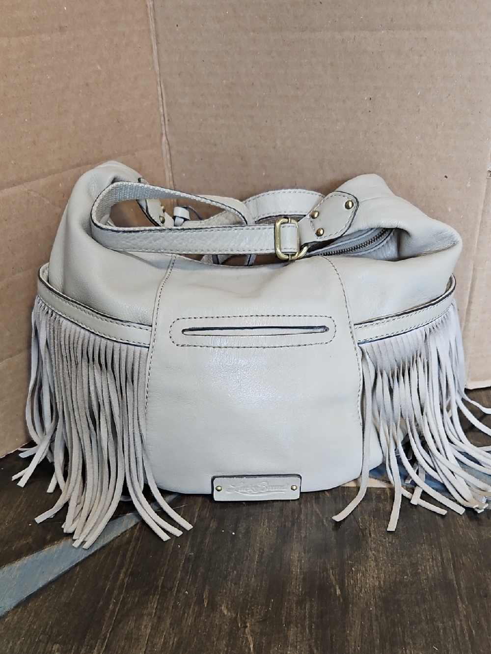 Lucky Brand Vtg. Smoke Gray/Toupe Pebbled Leather Fringe Hobo Crossbody Bag - Picture 9 of 15